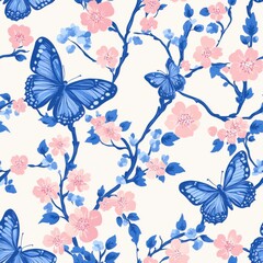 Fototapeta premium Colorful butterflies and blossoms nature garden digital art floral design close-up beauty and serenity
