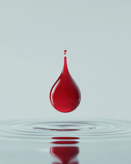 Obraz premium vibrant red droplet suspended above calm water surface creates striking visual effect, capturing essence of fluidity and motion in serene environment
