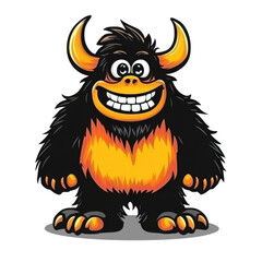 Fototapeta premium Cartoonish black monster with yellow horns and a big smile on a transparent background vector Concept of fantasy, mascot, and Halloween