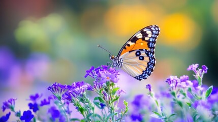 Obraz premium A butterfly gracefully rests on purple flowers, showcasing its striking orange and black wings. The warm sunlight enhances the beauty of the garden setting filled with blooming flora