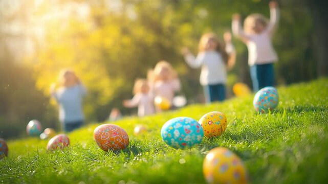 Easter eggs in garden with fresh green grass and sunlight. Easter eggs hunt. Blurred silhouettes of children with baskets in hands. the concept of family fun at Easter. blurred background. Cope space 