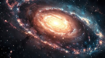 A vibrant spiral galaxy showcases its swirling arms filled with bright stars and colorful cosmic dust against the backdrop of deep space. This celestial spectacle reveals the vastness of the universe