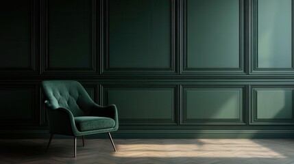 A stylish green armchair is positioned against a dark paneled wall in a well-lit space. Soft light gently illuminates the floor, enhancing the room's calming atmosphere