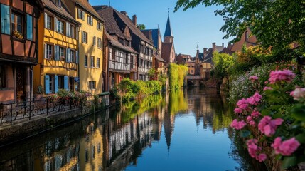 Obraz premium Historic buildings line a serene canal, reflecting in the still water under clear blue skies. Vibrant flowers bloom along the banks, creating a picturesque scene in the heart of a quaint village