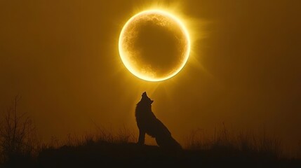 Wolf howling at a golden eclipse