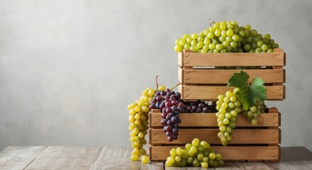 Freshly harvested green and purple grapes displayed in wooden crates on a rustic table