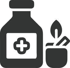Obraz premium Pharmacy Icon Bottle with Plus Sign and Herbs in Pot against Transparent Background