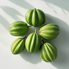  Six fresh garcinia atroviridis fruit on a pure white background