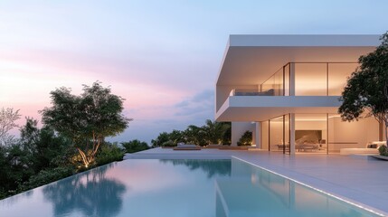 Fototapeta premium Modern luxury house with infinity pool at sunset