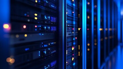 Data Center Server Racks with Glowing Lights in Dark Blue Tone Technology Setup