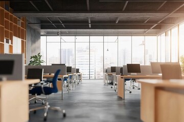 Modern office interior with desks and chairs. 3D Rendering