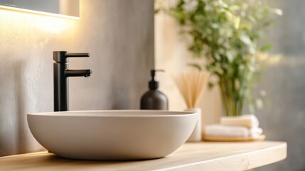 Fototapeta premium Modern minimalist bathroom with elegant sink and natural decor elements