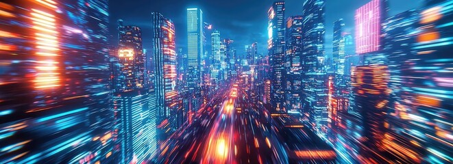 Fototapeta premium Motion blur city featuring futuristic technology and digital panorama concept. Vivid cityscape with neon lights and fast-moving traffic.