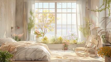 Sunlit bedroom with a cozy atmosphere featuring plants, soft bedding, and large windows revealing a bright natural landscape.