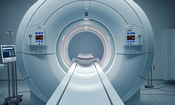 Modern medical imaging room featuring a state-of-the-art MRI machine with a clean, sterile environment