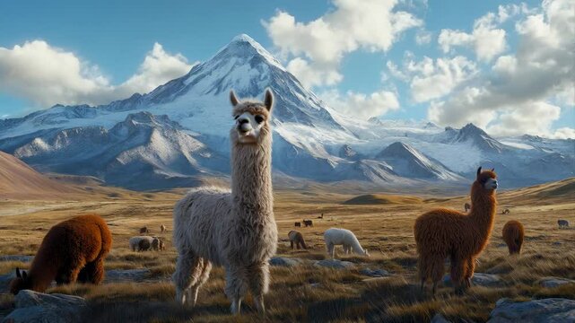 A group of llamas in a lush valley with a majestic snow-capped mountain in the background, showcasing the beauty of nature.