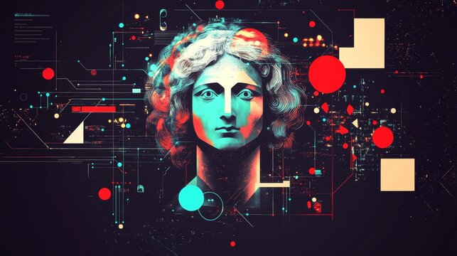 Digital art of classical bust with geometric patterns and vibrant colors