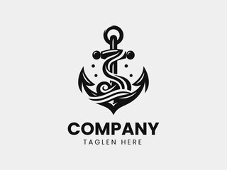 Classic Anchor Silhouette Wave Details Maritime Symbol Vector Logo Design, Maritime Anchor Wave Logo, Vintage Anchor Wave Symbol Logo