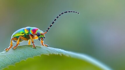 Naklejka premium Beetle with dewdrops on the grass