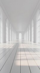 Obraz premium Serene white hallway with arched windows and bright sunlight casting shadows on the wooden floor creating a peaceful atmosphere
