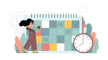 Work planning concept. Reminder. The woman makes entries in the calendar.eps