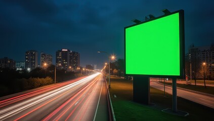 Green Screen Billboard on City Highway at Night