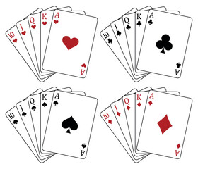 Playing cards - a poker hand consisting of a royal flush clubs spades hearts diamonds 10 J Q K A, vector illustration