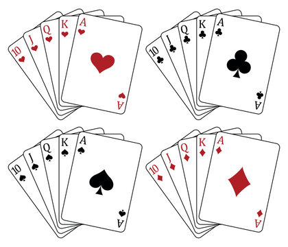Playing cards - a poker hand consisting of a royal flush clubs spades hearts diamonds 10 J Q K A, vector illustration