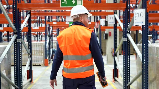 Experienced logistics worker methodically walking through warehouse, carefully checking inventory and merchandise on shelves while wearing safety gear and professional uniform