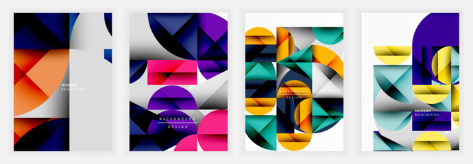 Geometric poster series combining circular, triangular and folded forms with gradients in blue, orange, pink, purple, and green over white and gray backgrounds