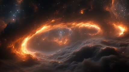 Fototapeta premium Fiery Nebula Swirling Across Dark Cosmic Clouds
