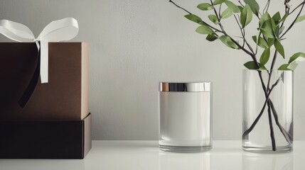 Elegant gift box and minimalist vase on modern white surface