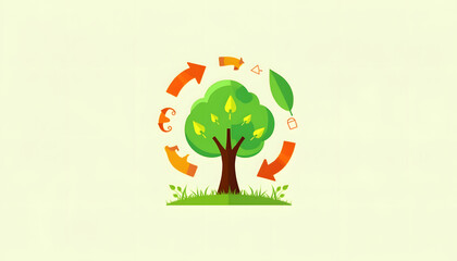  Environmental awareness: Icon with tree, leaves and recycling elements (arrows) in bright colors on a simple background, emphasizing the importance of environmental protection.
