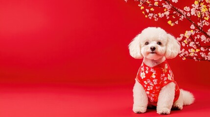 Adorable white poodle in chinese new year attire with cherry blossom background for festive celebration design