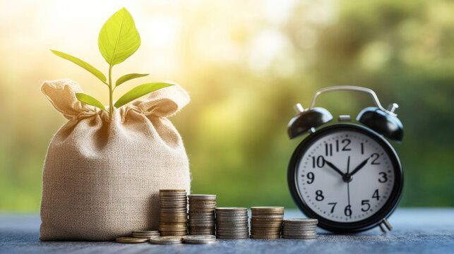 Time management and financial growth concept with alarm clock, money bag, and coin stacks for investment and savings strategy