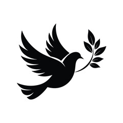 Fototapeta premium Silhouette black of a dove carrying an olive branch, peaceful and elegant vector icon