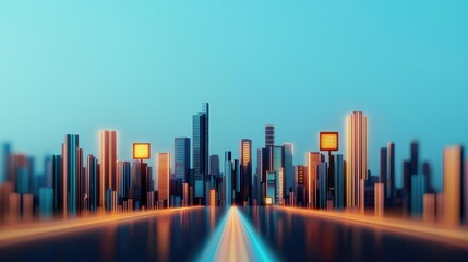 Fototapeta premium Motion blur city with digital panorama and futuristic technology concept. Vibrant city skyline with modern skyscrapers and dramatic lighting.