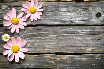 Fototapeta premium White wooden spring background with pink daisy flowers. White wooden shabby chic spring background with pink daisy flowers.