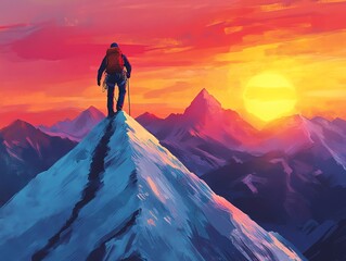 Fototapeta premium Climber's Sunset Summit: A Vibrant Impressionist Mountain Scene