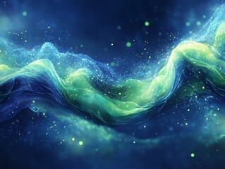 Hypnotic flow of neon green and blue abstract waves in a cosmic night sky setting