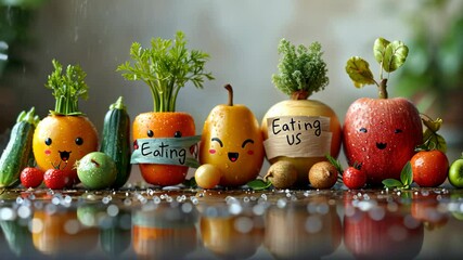 Eating us signage: video of fruit and vegetable products, market freshness, healthy options, organic selection, colorful display, farm produce, natural variety, grocery arrangement, vibrant assortment