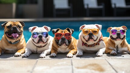 Five bulldogs wearing sunglasses relax by the pool on a sunny day