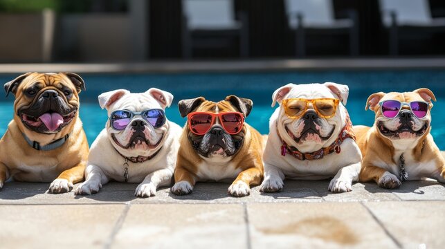 Five bulldogs wearing sunglasses relax by the pool on a sunny day