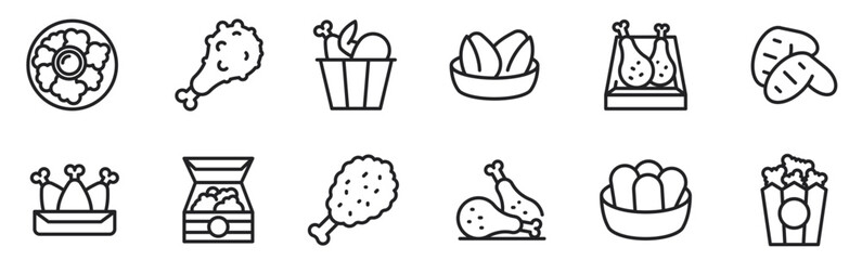 chicken crispy food meat meal icons set vector. fast delicious, wing fried, snack crunchy, leg cooked, eat tasty, dinner golden chicken crispy food meat meal black contour illustrations