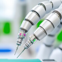 Close up view of two metallic robotic arms with precision tools, exhibiting technological advancement in a sterile environment. 