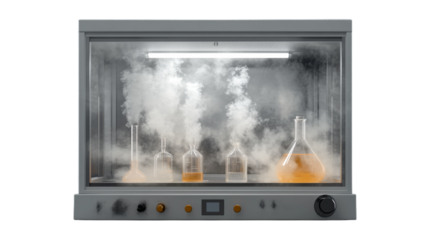 A laboratory chemical fume hood with a working chemistry experiment inside on a transparent background 