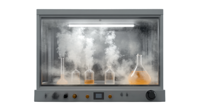 A laboratory chemical fume hood with a working chemistry experiment inside on a transparent background 