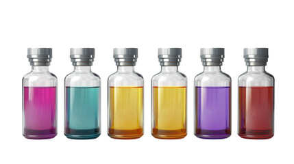 A set of color-coded chemical reagent bottles neatly placed on a transparent background 