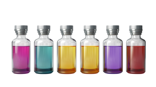 A set of color-coded chemical reagent bottles neatly placed on a transparent background 