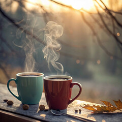 cup of tea and teapot beautiful blurred background